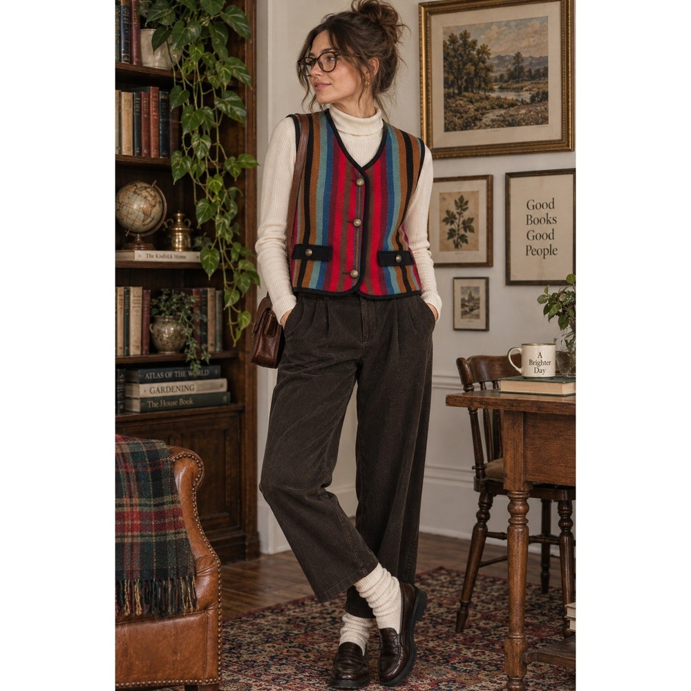 CanvasBacks Vest womens Small Striped Wool Blend Button Front USA Made Lodge